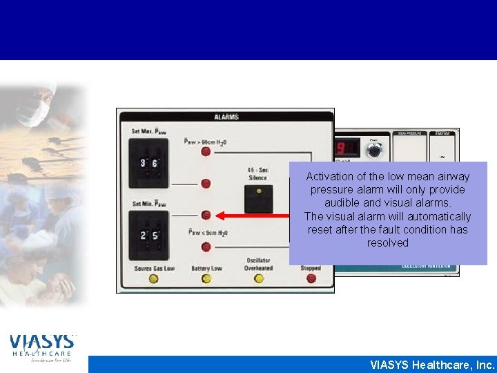 Activation of the low mean airway pressure alarm will only provide audible and visual