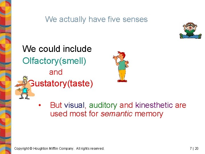 We actually have five senses We could include Olfactory(smell) and Gustatory(taste) • But visual,