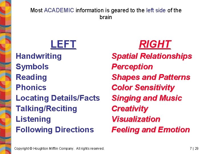Most ACADEMIC information is geared to the left side of the brain LEFT Handwriting