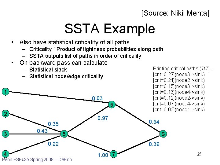 [Source: Nikil Mehta] SSTA Example • Also have statistical criticality of all paths –