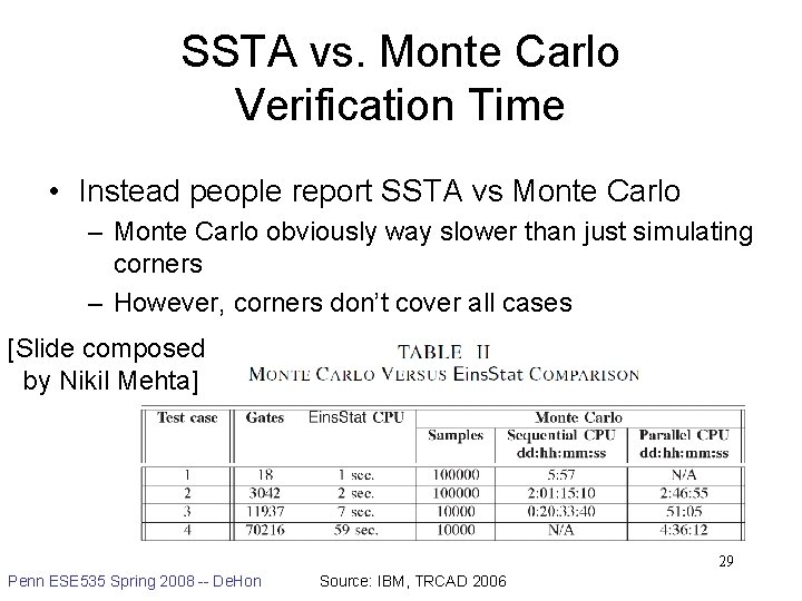 SSTA vs. Monte Carlo Verification Time • Instead people report SSTA vs Monte Carlo