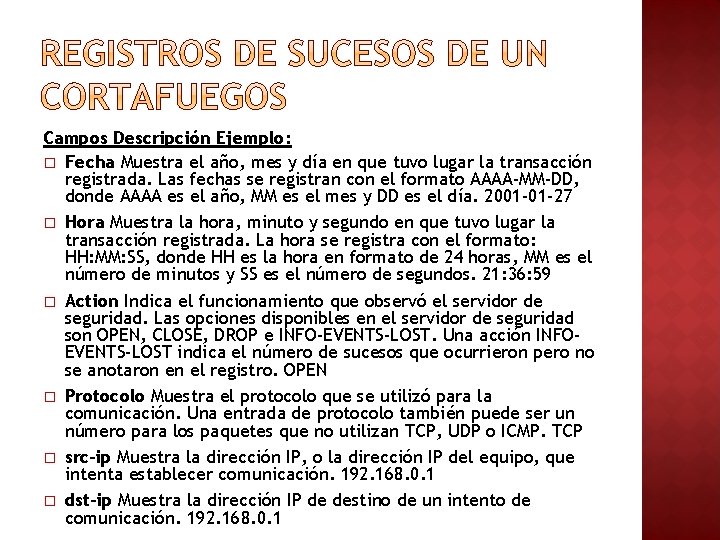 Campos Descripción Ejemplo: � Fecha Muestra el año, mes y día en que tuvo Campos Descripción Ejemplo: � Fecha Muestra el año, mes y día en que tuvo