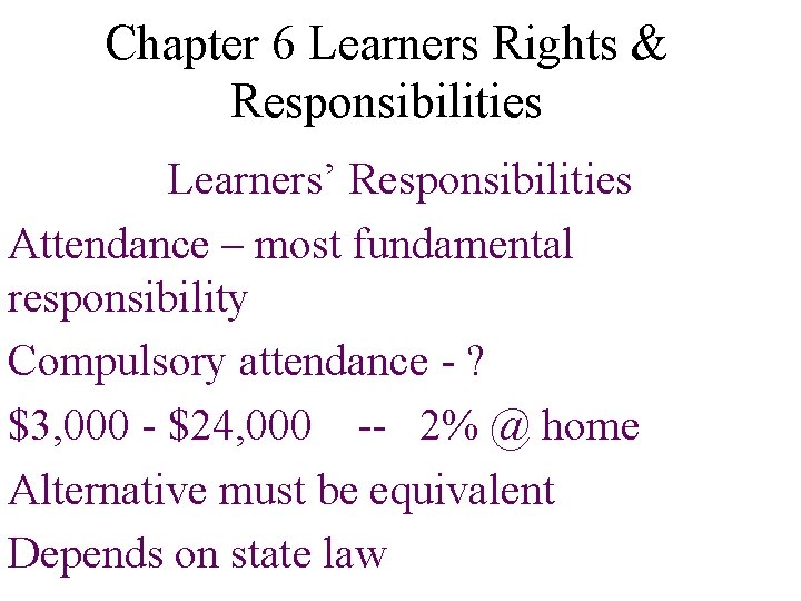 Chapter 6 Learners Rights & Responsibilities Learners’ Responsibilities Attendance – most fundamental responsibility Compulsory