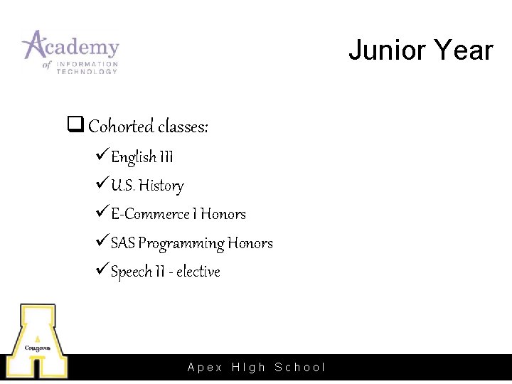 Junior Year q Cohorted classes: üEnglish III üU. S. History üE-Commerce I Honors üSAS