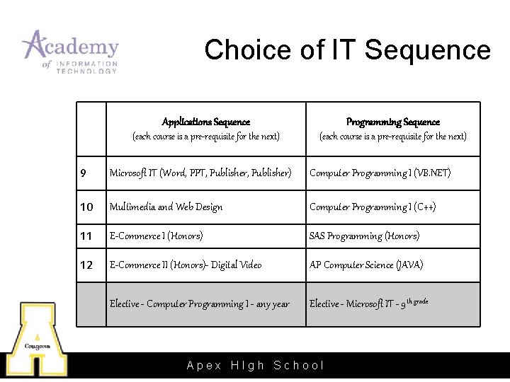 Choice of IT Sequence Applications Sequence Programming Sequence (each course is a pre-requisite for