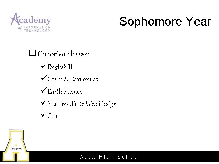Sophomore Year q Cohorted classes: üEnglish II üCivics & Economics üEarth Science üMultimedia &