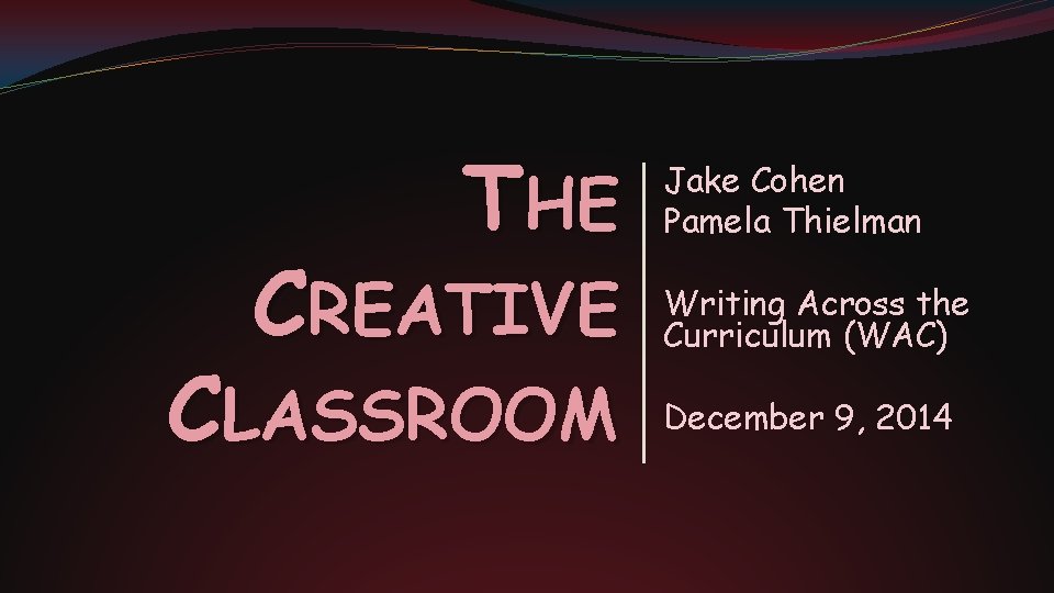 THE CREATIVE CLASSROOM Jake Cohen Pamela Thielman Writing Across the Curriculum (WAC) December 9,