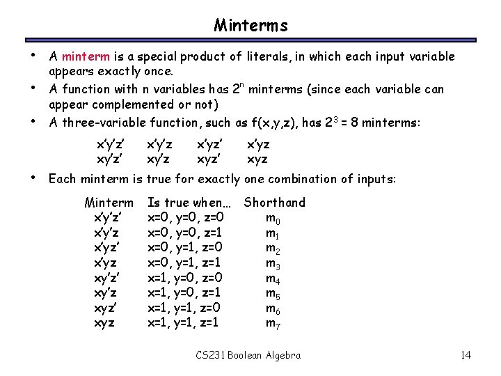 Minterms • • A minterm is a special product of literals, in which each