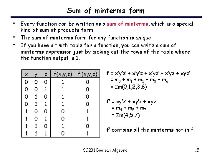 Sum of minterms form • • • Every function can be written as a