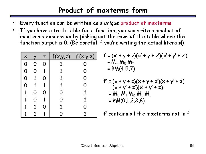 Product of maxterms form • • Every function can be written as a unique