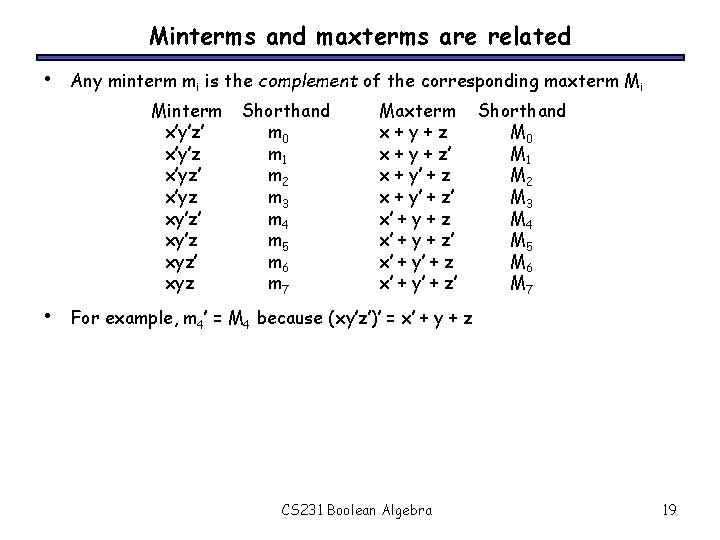 Minterms and maxterms are related • Any minterm mi is the complement of the