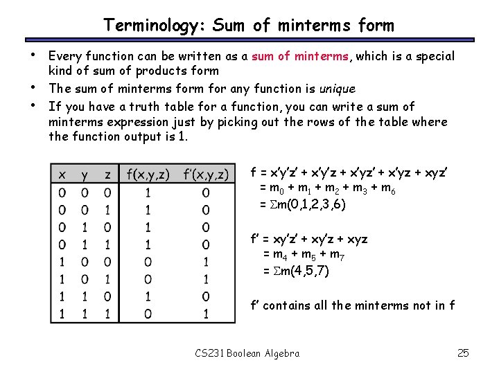 Terminology: Sum of minterms form • • • Every function can be written as
