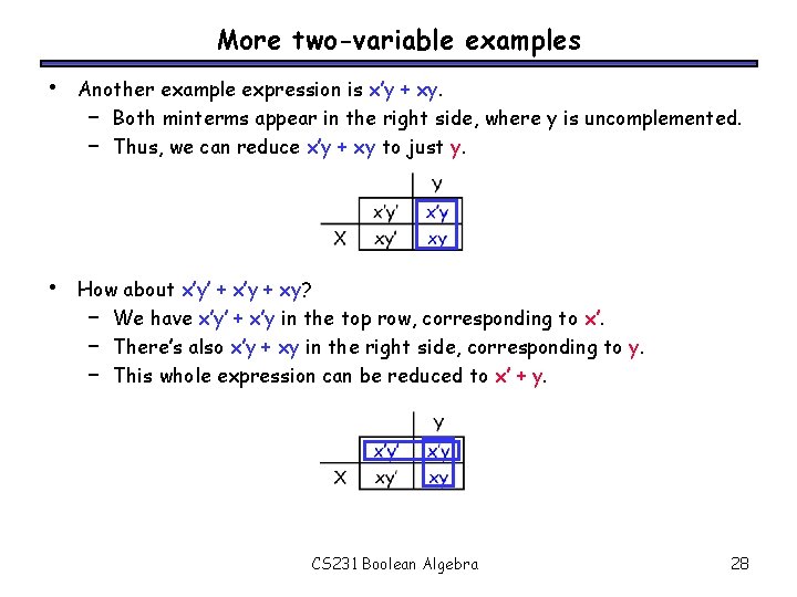 More two-variable examples • Another example expression is x’y + xy. – Both minterms