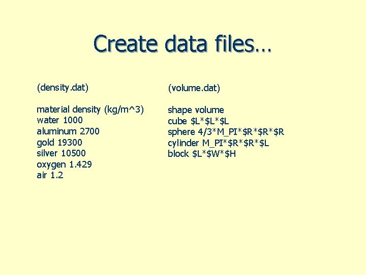 Create data files… (density. dat) (volume. dat) material density (kg/m^3) water 1000 aluminum 2700
