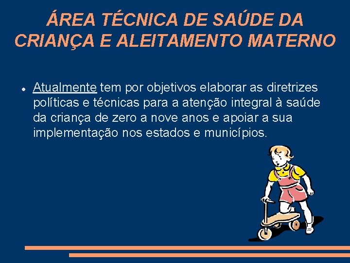 ÁREA TÉCNICA DE SAÚDE DA CRIANÇA E ALEITAMENTO MATERNO Atualmente tem por objetivos elaborar