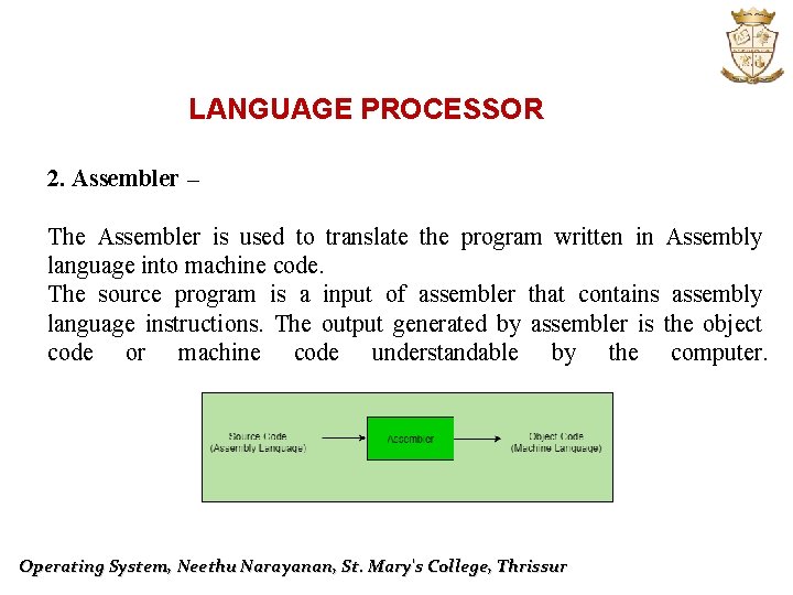 LANGUAGE PROCESSOR 2. Assembler – The Assembler is used to translate the program written