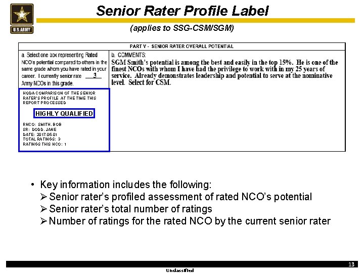 Senior Rater Profile Label (applies to SSG-CSM/SGM) HQDA COMPARISON OF THE SENIOR RATER’S PROFILE