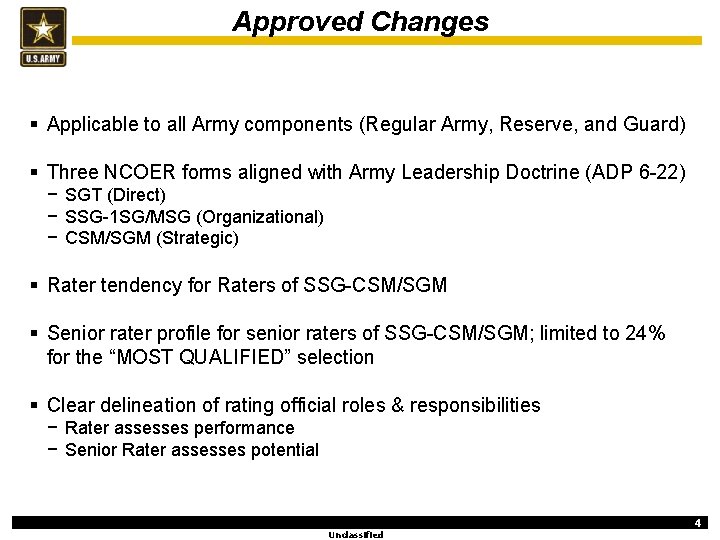 Approved Changes § Applicable to all Army components (Regular Army, Reserve, and Guard) §
