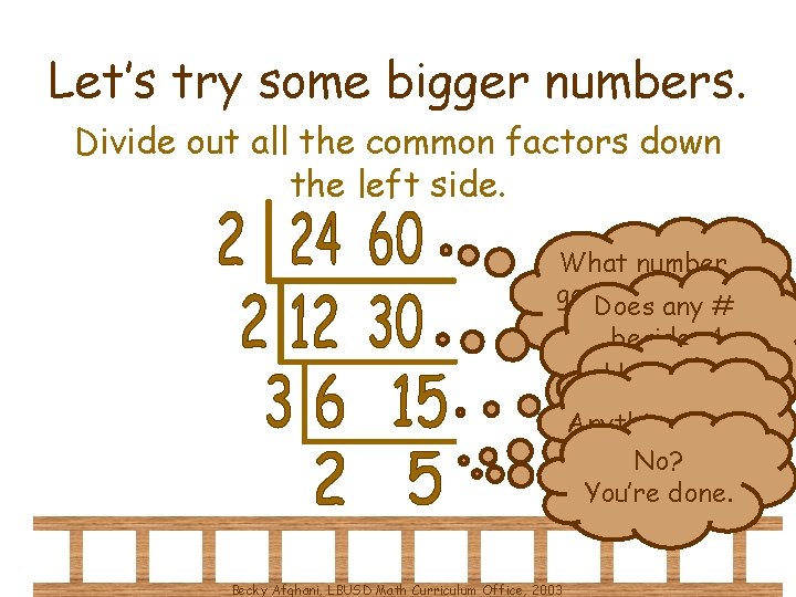 Let’s try some bigger numbers. Divide out all the common factors down the left