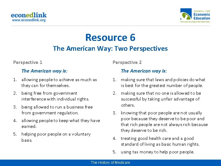 Resource 6 The American Way: Two Perspectives Perspective 1 Perspective 2 The American way