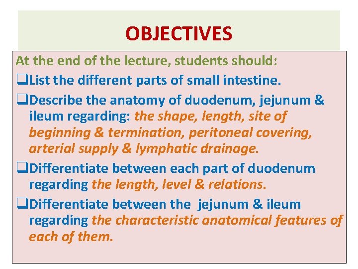 OBJECTIVES At the end of the lecture, students should: q. List the different parts