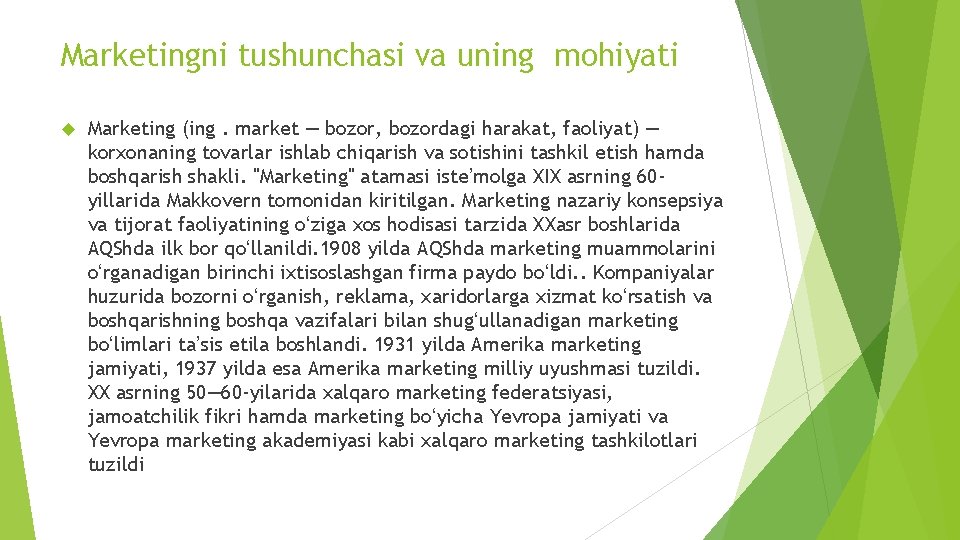 Marketingni tushunchasi va uning mohiyati Marketing (ing. market — bozor, bozordagi harakat, faoliyat) —