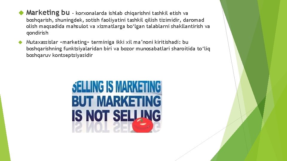  Marketing bu Mutaxassislar «marketing» terminiga ikki xil ma’noni kiritishadi: bu boshqarishning funktsiyalaridan biri