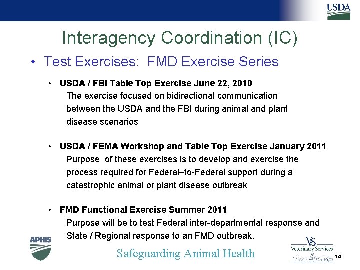 Interagency Coordination (IC) • Test Exercises: FMD Exercise Series • USDA / FBI Table