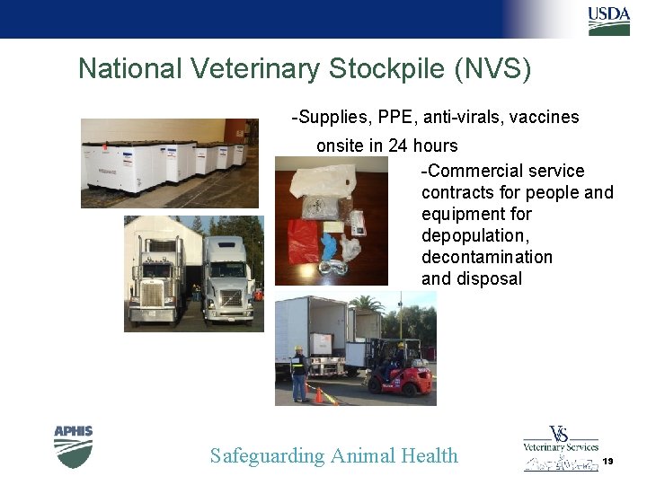 National Veterinary Stockpile (NVS) -Supplies, PPE, anti-virals, vaccines onsite in 24 hours -Commercial service