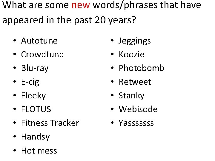 What are some new words/phrases that have appeared in the past 20 years? •
