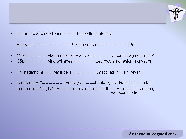  • Histamine and serotonin -----Mast cells, platelets • Bradykinin ------------Plasma substrate ----------Pain •