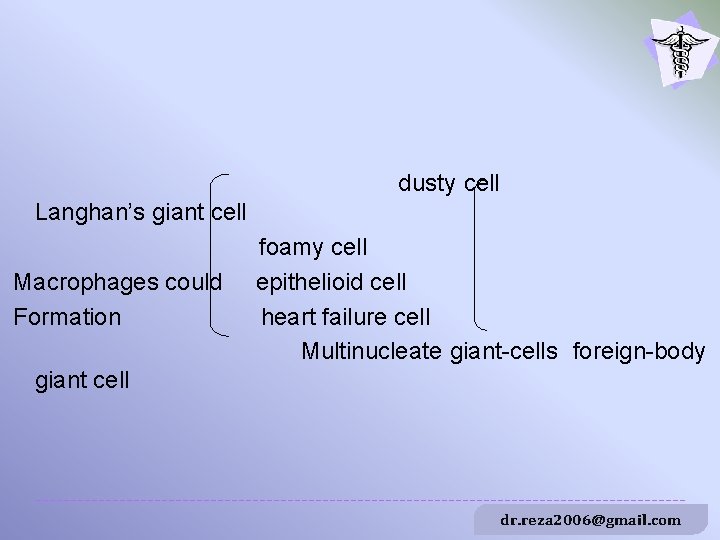 dusty cell Langhan’s giant cell Macrophages could Formation foamy cell epithelioid cell heart failure