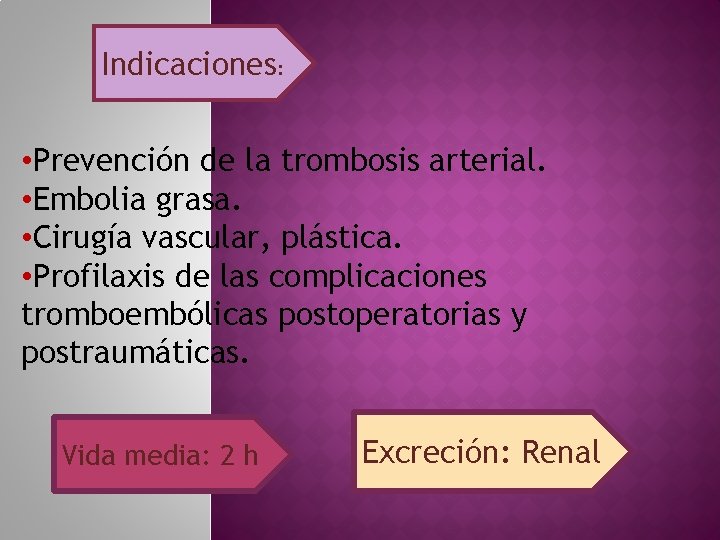 Indicaciones: • Prevención de la trombosis arterial. • Embolia grasa. • Cirugía vascular, plástica.