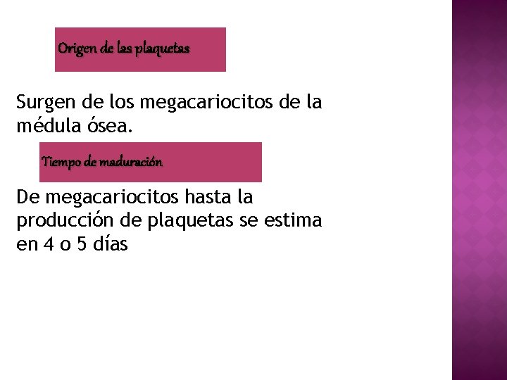 Origen de las plaquetas Surgen de los megacariocitos de la médula ósea. Tiempo de