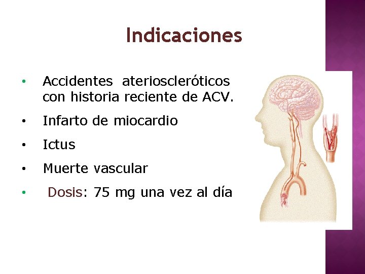Indicaciones • Accidentes aterioscleróticos con historia reciente de ACV. • Infarto de miocardio •