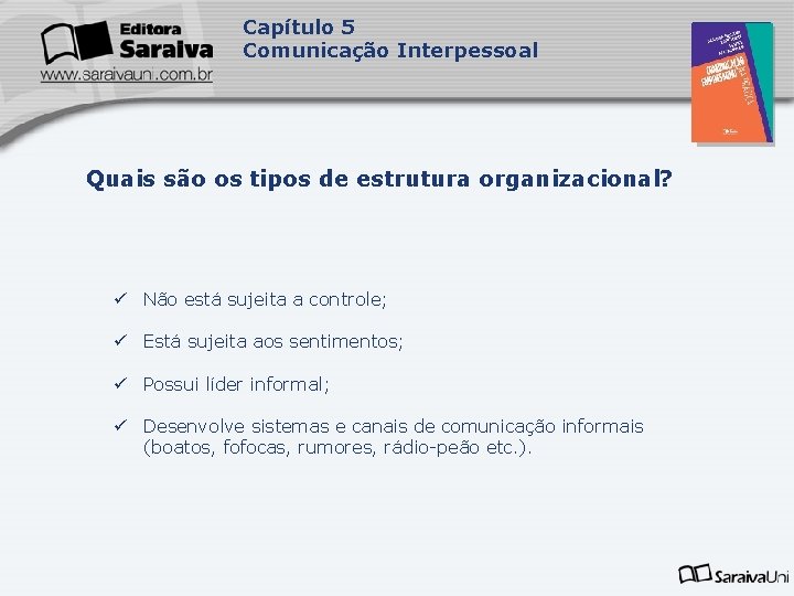 Capítulo 5 Comunicação Interpessoal Quais são os tipos de estrutura organizacional? ü Não está Capítulo 5 Comunicação Interpessoal Quais são os tipos de estrutura organizacional? ü Não está