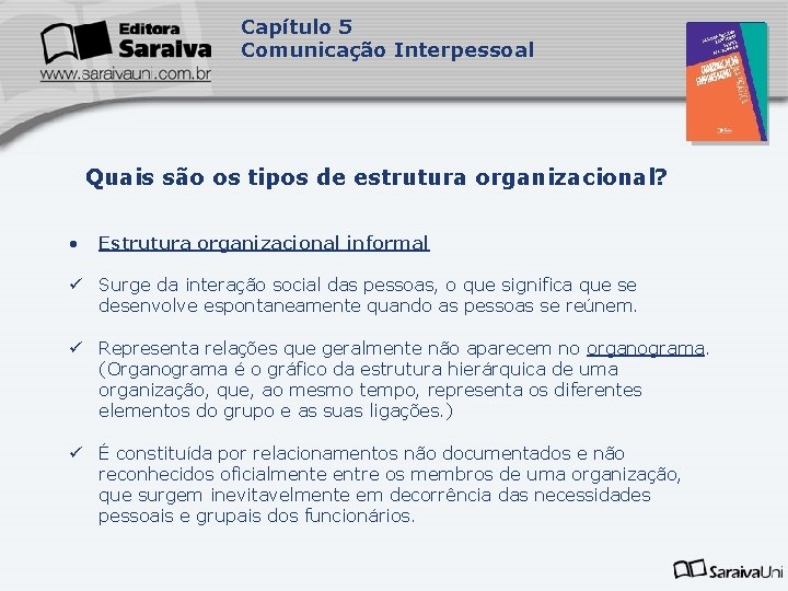 Capítulo 5 Comunicação Interpessoal Capa da Obra Quais são os tipos de estrutura organizacional? Capítulo 5 Comunicação Interpessoal Capa da Obra Quais são os tipos de estrutura organizacional?