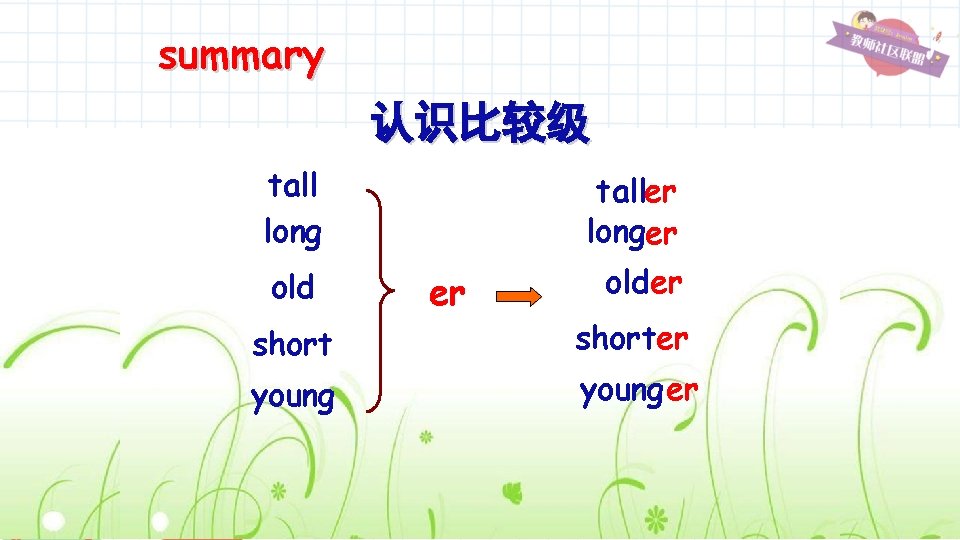 summary 认识比较级 tall long old taller longer er older shorter young er 