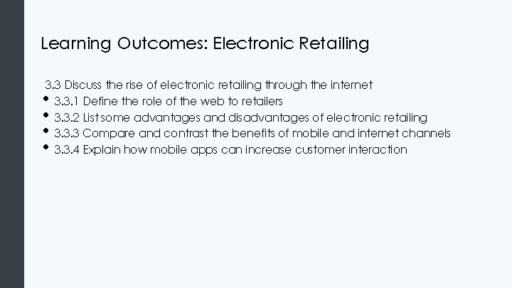 Learning Outcomes: Electronic Retailing 3. 3 Discuss the rise of electronic retailing through the