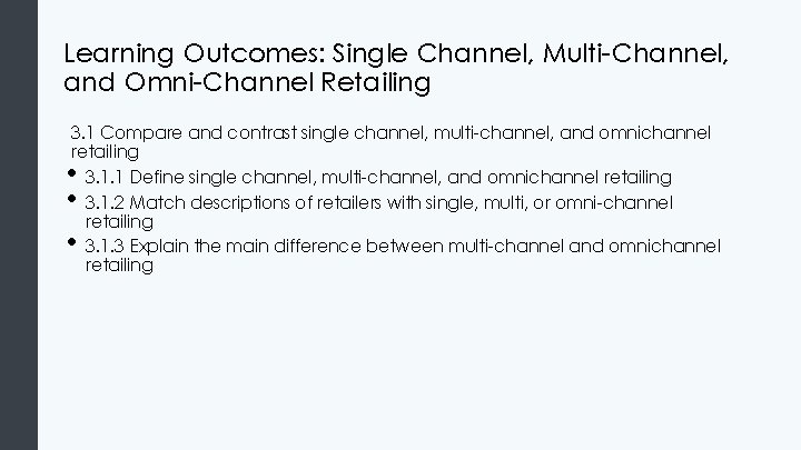 Learning Outcomes: Single Channel, Multi-Channel, and Omni-Channel Retailing 3. 1 Compare and contrast single