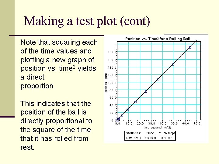 Making a test plot (cont) Note that squaring each of the time values and