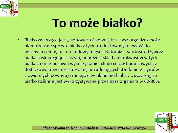 To może białko? • Białko zwierzęce jest „pełnowartościowe”, tzn. nasz organizm może niemalże całe