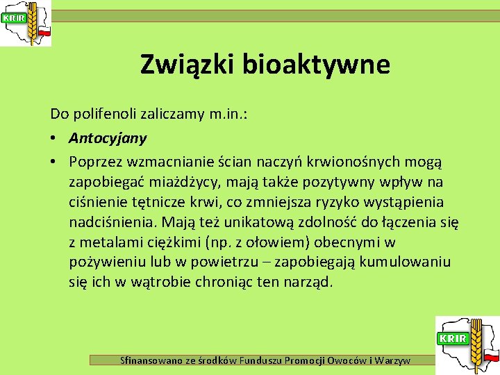 Związki bioaktywne Do polifenoli zaliczamy m. in. : • Antocyjany • Poprzez wzmacnianie ścian