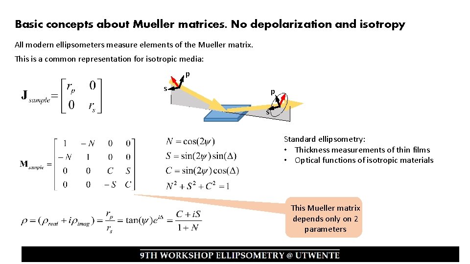 Basic concepts about Mueller matrices. No depolarization and isotropy All modern ellipsometers measure elements