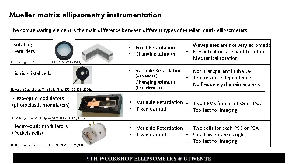 Mueller matrix ellipsometry instrumentation The compensating element is the main difference between different types