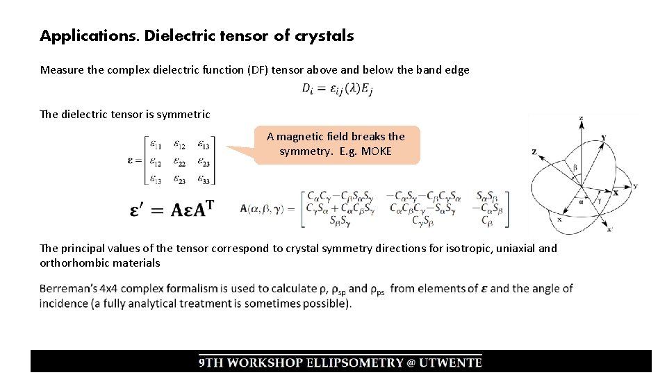 Applications. Dielectric tensor of crystals Measure the complex dielectric function (DF) tensor above and