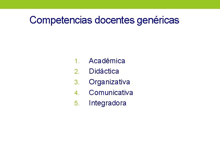 Competencias docentes genéricas 1. 2. 3. 4. 5. Académica Didáctica Organizativa Comunicativa Integradora 