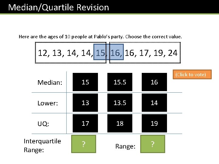 Median/Quartile Revision Here are the ages of 10 people at Pablo’s party. Choose the