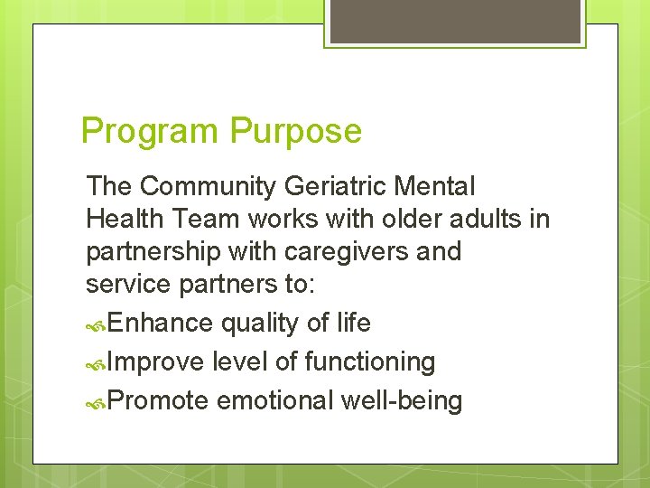 Program Purpose The Community Geriatric Mental Health Team works with older adults in partnership