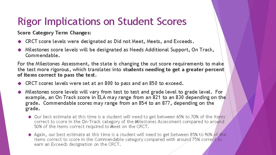 Rigor Implications on Student Scores Score Category Term Changes: CRCT score levels were designated Rigor Implications on Student Scores Score Category Term Changes: CRCT score levels were designated
